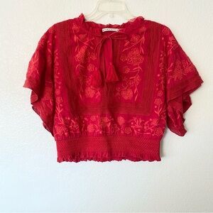 Alice + Olivia Tabitha Embroidered Ruffle-Sleeve Cropped Blouse